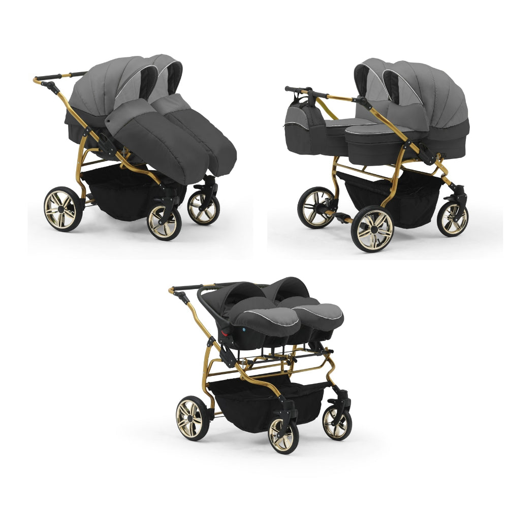 Carucior pentru gemeni Nativo Gemini 3 in 1 Grafit-Gri/Gold latime 87 cm reversibil carucior-gemeni